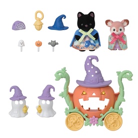 Sylvanian Families Halloween pumpkin carriage playset with cat and mouse figures, ghost accessories, and witch hat pieces in orange and purple