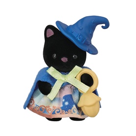 Black cat soft toy dressed in blue wizard hat and cape, holding a golden wand, with colourful printed skirt detail
