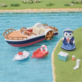 Sylvanian Families speedboat playset in multi colours with sailor figure, small boats, life ring, and waterside accessories