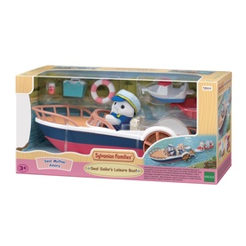 Sylvanian Families Seal Sailor's Leisure Boat playset in multicolour, featuring a toy boat, sailor figure, and accessories in box packaging.