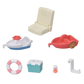Sylvanian Families boat accessory set in multi, including seat, blue and pink boats, life ring, storage box, and hook pieces.