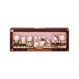 Sylvanian Families multi-piece playset featuring chocolate rabbit family figures, furniture, and accessories in illustrated gift box packaging