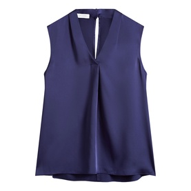 Hobbs violet blue sleeveless satin blouse with V-neckline, inverted pleat front and keyhole back detail