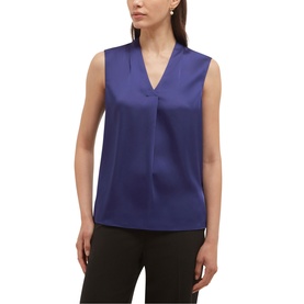 Model wearing Hobbs violet blue sleeveless V-neck blouse with front pleat detail, styled with black trousers