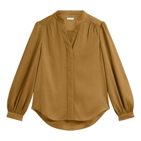 Hobbs khaki green long-sleeve blouse with V-neckline, gathered shoulders, and elasticated cuffs, curved hem