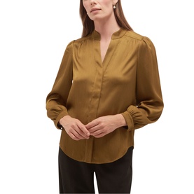 Model wearing Hobbs khaki green satin blouse with band collar, button front, and billowy long sleeves with buttoned cuffs, styled with black trousers