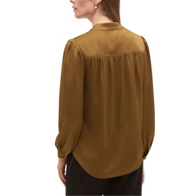 Model wearing Hobbs khaki green satin blouse with long gathered sleeves, button cuffs, and relaxed back yoke, styled with black trousers