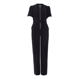 Phase Eight black short-sleeve jumpsuit with zip front, contrast stitching, and tie waist belt, wide-leg trousers