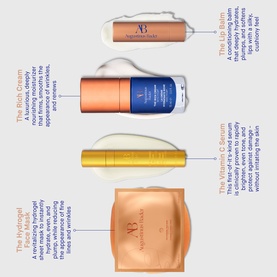 Augustinus Bader skincare set featuring Hydrogel Face Mask, Rich Cream, Vitamin C Serum and Lip Balm, displayed flat with product descriptions