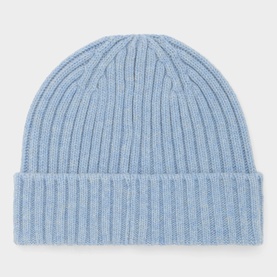 Belstaff Watch Logo Beanie Hat in mist blue, 100% wool ribbed-knit with turned-up brim, flat lay view
