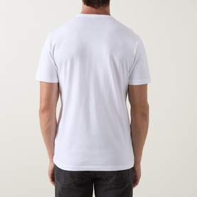 Model wearing Belstaff Blur Logo T-Shirt in white, back view, crew neck, short sleeves, paired with dark jeans