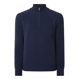 Belstaff Half Zip knit in Dark Ink navy, 100% cotton with ribbed texture, silver zip and mock neck collar