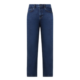 Belstaff 3049 straight-leg jeans in washed indigo, five-pocket styling, relaxed fit, laid flat