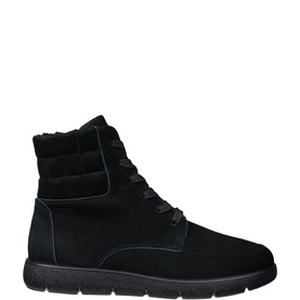Black lace-up ankle boot with shearling collar lining, suede-effect upper, and black ridged rubber sole