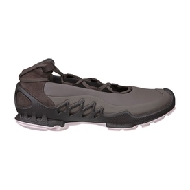 Grey and black low-top trainer with cross-lace detailing, split toe, and chunky ridged white-tinted sole