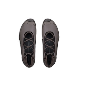 Dark grey lace-up ballet flat shoes with rounded toe, cross-lace detailing and black sole, shown from above as a pair