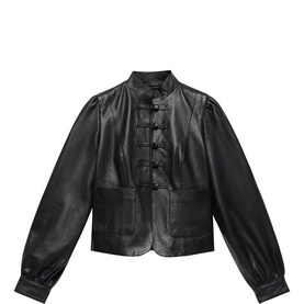 Mint Velvet black leather cropped jacket with mandarin collar, frog button fastening, and blouson sleeves