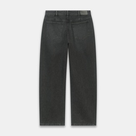 Mint Velvet black wide-leg jeans, rear view showing faded wash, back pockets, and branded patch at waistband.