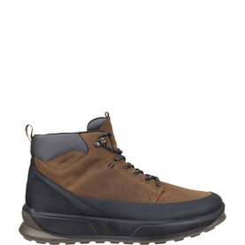 Ecco men's boot in black, camel and magnet, lace-up hiker style with padded collar, chunky dark sole and nubuck upper.