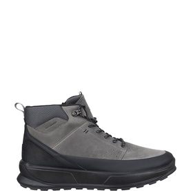 Grey and black suede high-top lace-up boot with rugged black rubber sole and metal eyelet detailing