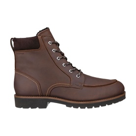 Ecco men's boot in Cocoa Brown and Mocha leather, moc-toe lace-up style, contrast stitching, black chunky rubber sole