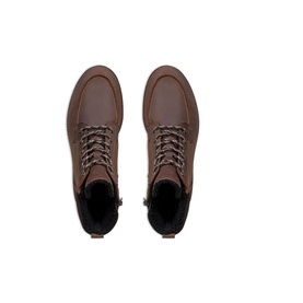 Ecco men's lace-up boots in Cocoa Brown Mocha, overhead view showing moc-toe construction and side zip detail