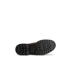 Ecco men's shoe in Cocoa Brown Mocha, close-up of dark rubber lug sole with deep tread pattern.