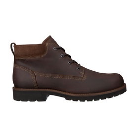 Dark brown leather lace-up ankle boot with padded collar, contrast stitching, and chunky black rubber sole