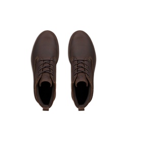 Dark brown lace-up ankle boots with smooth leather upper, black lining, and rubber sole, shown from above as a pair