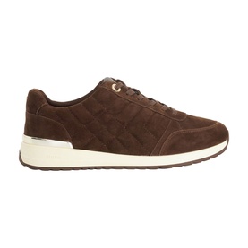 Dune Evelie Quilted Lace-Up Trainers in brown suede with tonal topstitching, gold eyelet detail, and cream platform sole.