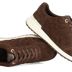 Dune brown quilted suede trainers with gold-tone eyelets and cream rubber sole, shown as a pair.