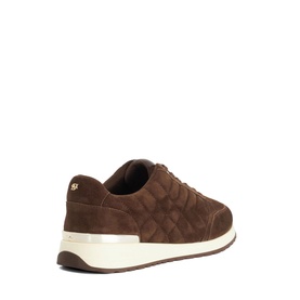 Dune brown suede quilted lace-up trainer with cream flatform sole, rear three-quarter view