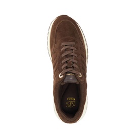Dune brown suede lace-up trainer, overhead view showing textured upper, gold branding detail, and cream sole.