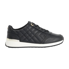 Dune Evelie Quilted Lace-Up Trainers in black leather with gold heel detail, white platform sole, and tonal topstitching.