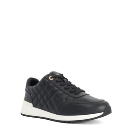 Dune black quilted leather lace-up trainer with gold-tone eyelet detail and off-white chunky sole.
