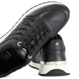 Dune black quilted leather lace-up trainers with gold heel tab detail and white chunky sole, angled overhead view
