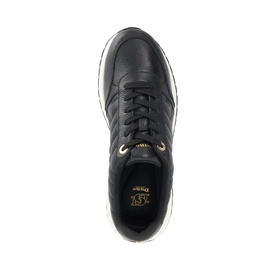 Dune black leather lace-up trainers with gold logo detail, overhead shot showing quilted toe and white chunky sole.