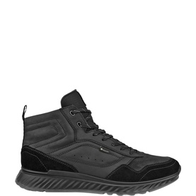 ECCO high-top lace-up trainer boot in all-black, featuring quilted panels, suede overlays, and a chunky black sole