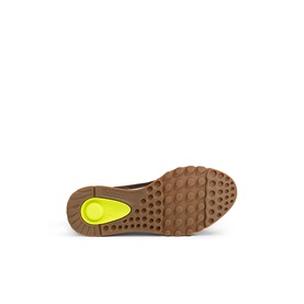 Ecco men's shoe in camel, sole view showing textured tan rubber outsole with neon yellow heel pod accent.