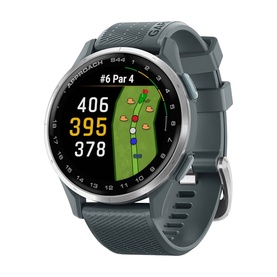 Garmin Approach S44 Smart Watch Twilight in silver, featuring golf course GPS display, slate blue rubber strap, round face
