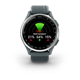 Garmin Approach S44 Smart Watch Twilight in silver, displaying Drive Accuracy golf data on black screen with grey rubber strap