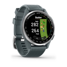 Garmin Approach S44 Smart Watch Twilight in silver, featuring golf course GPS display showing bunker distances, with slate blue strap