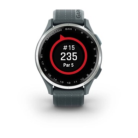 Garmin Approach S44 Smart Watch Twilight in silver, displaying golf hole stats on screen, with slate grey rubber strap