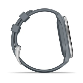 Garmin Approach S44 Smart Watch Twilight in silver, side profile view showing slim case and grey silicone strap