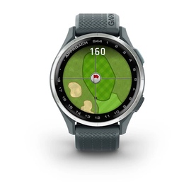 Garmin Approach S44 Smart Watch Twilight in silver, displaying golf course GPS map on screen, with grey rubber strap