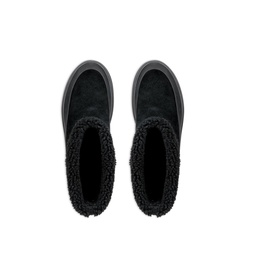 Black suede ankle boots with curly shearling collar lining, black sole, overhead flat-lay view