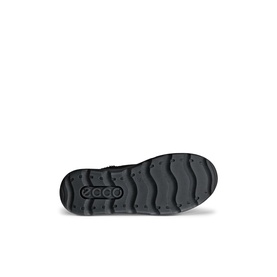 ECCO shoe black rubber outsole with ridged tread pattern and embossed ECCO logo, viewed from below