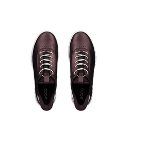 Ecco women's trainers in raisin and white, overhead view showing leather upper with white lace detail and branding