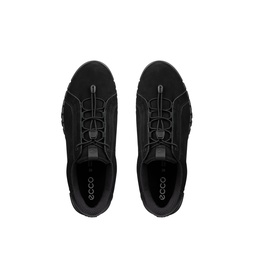 ECCO black leather lace-up trainers, overhead view showing tonal black sole and branded heel tab