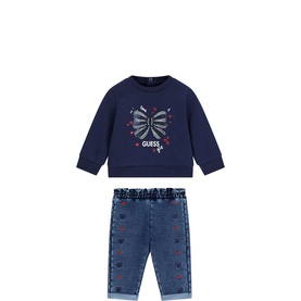Guess 2 Piece set in blackened blue, featuring bow-print sweatshirt and star-embroidered denim-style leggings